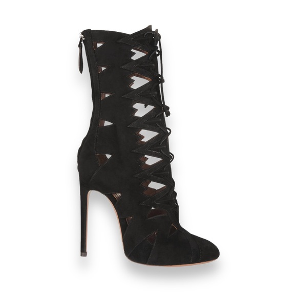 $3,340 Azzedine Alaia Cutout suede boots 100mm 37 US 6 black heels - Picture 1 of 10